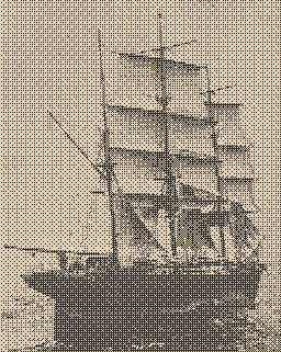 A dithered image of a clipper ship under partial sail, courses reefed and staysails set up, travelling away from the viewer.